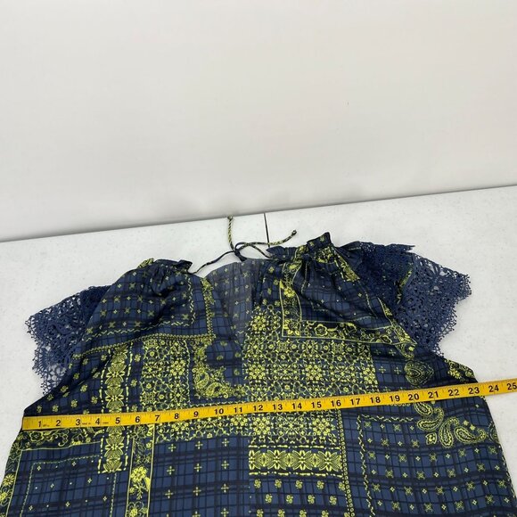Anthropologie Current Air L Blue Patchwork Boho Blouse Ruffle Neck Lace Sleeve - Picture 5 of 8